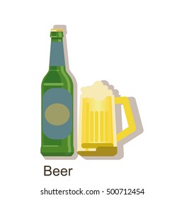 Vector icon beer bottle. Beer Alcohol drink Ã¢?? vector bottle and mug. Isolated on white background.