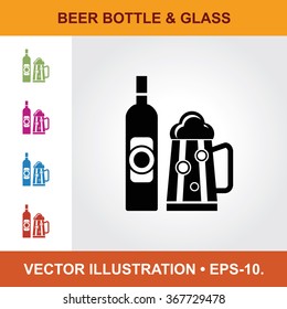 Vector Icon Of Beer Bottle & Glass With Title & Small Multicolored Icons. Eps-10.