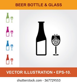 Vector Icon Of Beer Bottle & Glass With Title & Small Multicolored Icons. Eps-10.