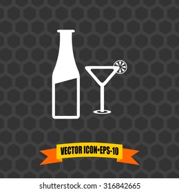 Vector Icon of Beer Glass & Bottle on Dark Gray Background. Eps.10.