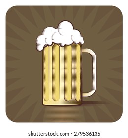 Vector icon of beer mug in engraved style on brown background 