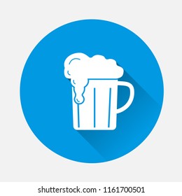 Vector icon of beer mug on blue background. Flat image beer with long shadow. Layers grouped for easy editing illustration. For your design.