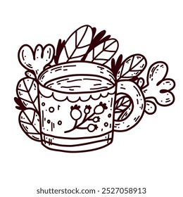 Ícone de vetor com caneca de chá de baga em estilo de contorno no fundo branco. Decorado com flores, folhas perfeitas para café e menu café.