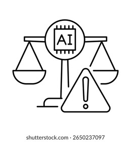 Vector icon of Bias Mitigation – Scales and Exclamation Mark Representing Balanced AI Models and Bias Reduction. Black Outline.