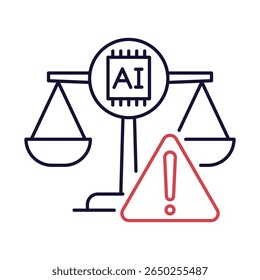 Ícone de vetor de atenuação de polarização - Escalas e ponto de exclamação que representa a redução de polarização em AI Systems.Outline ilustração..