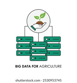 Vektorsymbol für Big Data in der Landwirtschaft. Stellt betriebsbezogene Analysen mit Datendiagrammen, Tools zur Überwachung von Anbaukulturen und Technologieelementen dar, die eine intelligente Landwirtschaft und Präzisionslandwirtschaft darstellen.