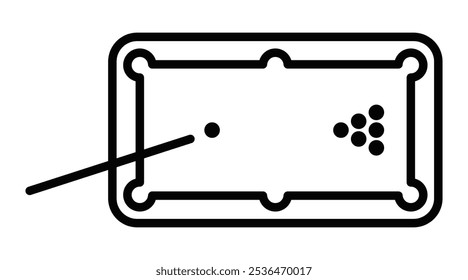 Ícone vetorial de uma mesa de bilhar com taco e bolas, representando o esporte de sinuca ou snooker. Ideal para jogos e temas de lazer. Traçado editável.