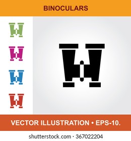 Vector Icon Of Binoculars With Title & Small Multicolored Icons. Eps-10.