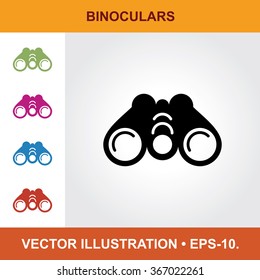 Vector Icon Of Binoculars With Title & Small Multicolored Icons. Eps-10.