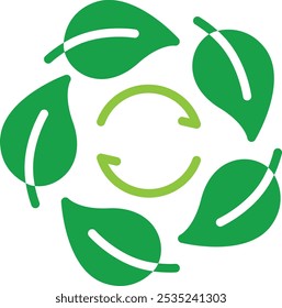 Vector icon of Bio Degradable. This icon represents an eco-friendly concept using green leaves in a circular pattern to indicate biodegradability and sustainability.