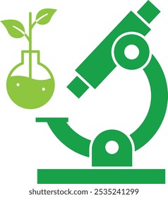 Icono de Vector de la biología. Microscopio verde con una planta que simboliza los estudios biológicos y ambientales. Ideal para la conservación ambiental.