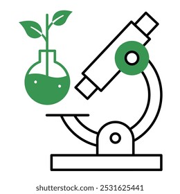 Ícone vetorial do microscópio de biologia com copo. Um simples desenho em linha de um microscópio e um copo verde com planta, simbolizando a pesquisa biológica e a ciência.