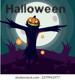 vector icon of a bird scare with halloween pumpkin head with full moon background