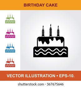 Vector Icon Of Birthday Cake With Title & Small Multicolored Icons. Eps-10.