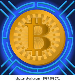 vector icon of bitcoin with dark blue background illuminated by laser light