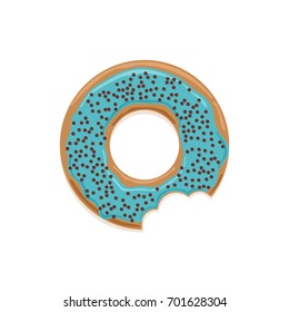 Vector icon of bitten glazed donut with white chocolate sprinkles and blue cream