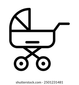 Vector icon of a black baby stroller, featuring a simple and minimalistic design for childcare or family themes. Editable stroke.