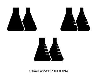 Vector icon of black conical flasks, graduated flasks with wide and narrow neck on white background