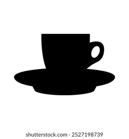 Um ícone vetorial de um copo de café expresso preto em um pires. Ideal para cafés, cafés e restaurantes.