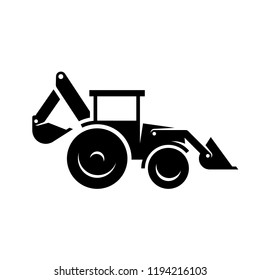 Vector icon black flat tractor excavator backhoe loader