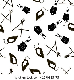 Vector icon black iron, clock  with cuckoo and ironing board. Home Appliances vector seamless pattern on a white background. Layers grouped for easy editing illustration. For your design.