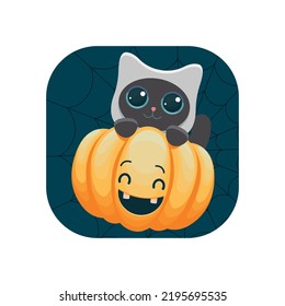 Vector icon with a black kitten in a ghost costume and a pumpkin. Stylish and cute Halloween decoration