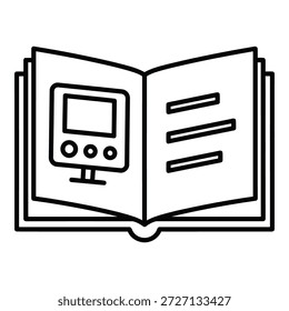 Ícone de vetor um ícone de linha preta de um livro aberto com um computador na página esquerda e texto na página direita