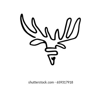 Vector icon. Black linear stylized silhouette of a deer head with horns and a nose on a white background.