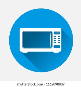 Vector icon of of  black microwave oven  on blue background. Flat image home appliances with long shadow. Layers grouped for easy editing illustration. For your design.