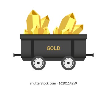 Vector icon of black mine trolley with gold rock stones, gold nuggets or golden ore. Mining industry concept with crystalline stone or gemstone isolated on a white background. 