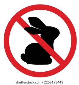 Vector icon with a black silhouette of a hare in a prohibition sign. Cosmetics without testing on animals. Forbidden to hunt animals. Food without meat. Rabbit in ban. Clip art for sticker and badge