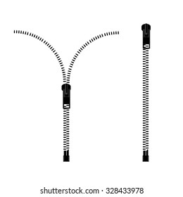 Vector icon black silhouette of opened and closed zipper, fastener.