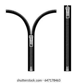 Vector icon black silhouette of opened and closed zipper, fastener.