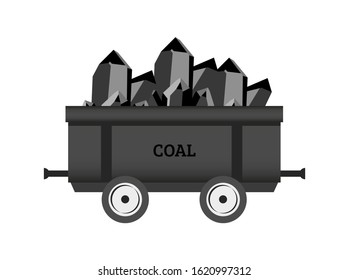 Vector icon of black transporting mine coal trolley or wagon with rock stone. Mining industry concept isolated on a white background. Coal mining industry illustration.