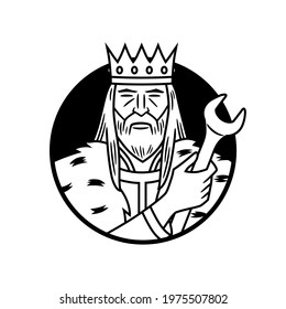 Vector icon, in black and white with border lines, of a king with a crown and a wrench in his hand, framed in a circular shape, to use like logo, graphic element or similar thing.