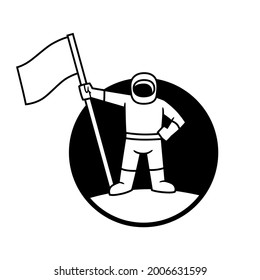 Vector icon, in black and white and border lines, of an astronaut holding a Flag, framed in circular shape, to use like logo, graphic element or similar thing.