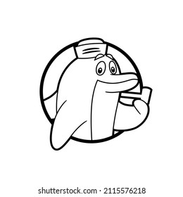 Vector icon in black and white with border lines, of a smiling dolphin in cartoon style, with a sailor cap on his head and holding a pipe with his fin, to use like logo or graphic element.