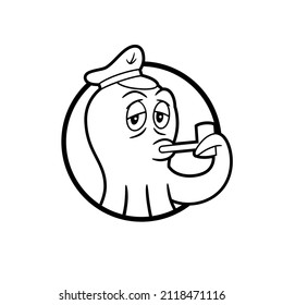 Vector icon, in black and white and border libes, of a nice octopus in cartoon style, with a sailor cap on his head and smoking a pipe, to use like logo or graphic element.