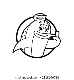 Vector icon, in black and white with border lines, of a smiling fish in cartoon style, with a sailor cap on his head and smoking a pipe, to use like logo or graphic element.