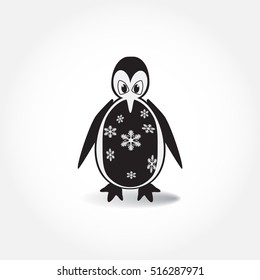 Vector icon of black and white cartoon penguin standing on ice, isolated on white background