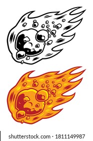 Icono vectorial, en versión en blanco y negro y en color, de un meteorito formado por un conjunto de rocas de diferentes tamaños que caen a alta velocidad y cubiertas de llamas. Usable como logotipo o elemento de diseño.