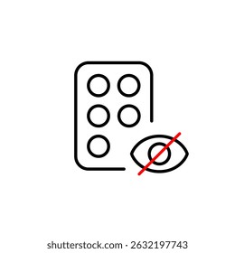 Vector icon of blister pack of pills with crossed-out eye, symbolizing hidden medication, private health data, or restricted access. Ideal for healthcare apps, pharmacy platforms, privacy settings