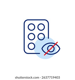 Vector icon of blister pack of pills with crossed-out eye, symbolizing hidden medication, private health data, or restricted access. Ideal for healthcare apps, pharmacy platforms, and privacy settings