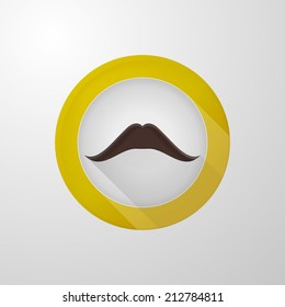 Vector icon for blog. Brown mustache. Single circle vector icon with framed brown mustache on gray.