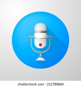 Vector icon for blog. White vertical microphone. Single vector circle blue icon with vertical white microphone with red indicator.