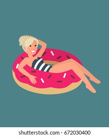 Vector Icon Blonde girl swims  on rubber ring in the form of donut (swim tube).