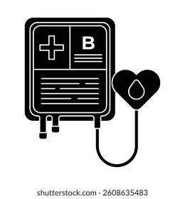 Vector icon of blood donation bag marked with blood type B and heart shape. Glyph style design symbolizes healthcare support and donor awareness for digital or print purposes.