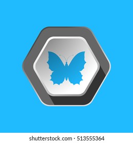 Vector icon of blue butterfly silhouette on the hexagon gradient gray background with shadow.