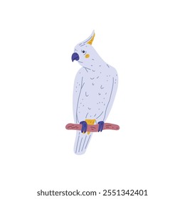 Vector icon of blue cockatoo parrot sitting on a branch. Exotic bird illustration. Tropical character drawn in flat cartoon style on isolated white background. Element for design.