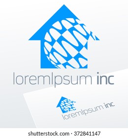 Vector icon with blue house with globe abstract print for Business and Building activity